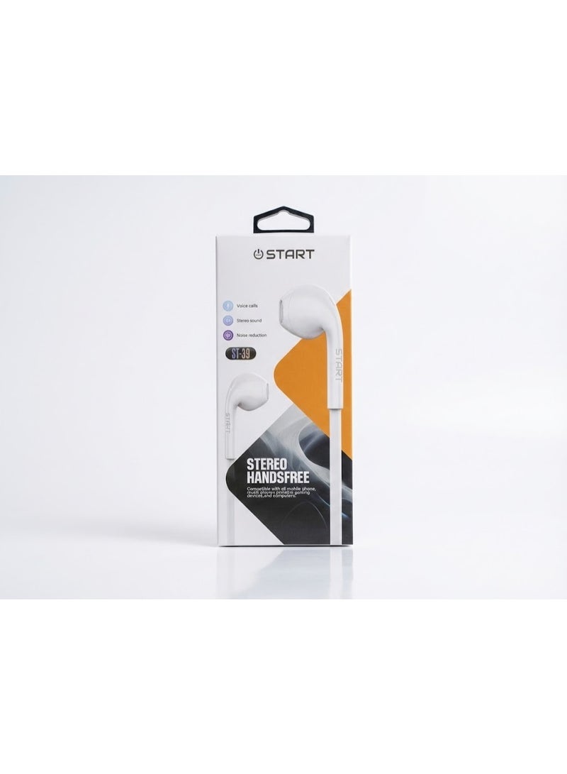 ستارت سماعة أذن سلكية ستيريو ST-39 من ستارت (START) - درايفر كبير 14.2 ملم لصوت جهير (Bass) قوي، ميكروفون عازل للضوضاء، تصميم نصف أذن كلاسيكي مريح - أبيض - Image 3